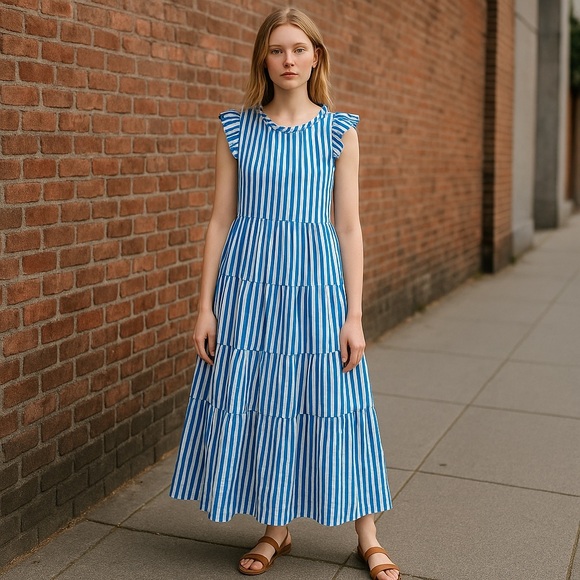 J.Crew Dresses & Skirts - J.Crew Tiered Cotton Dobby ruffle dress cape‎ stripe preppy sz S